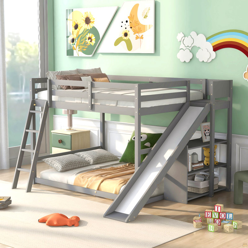 Lit superposé double au-dessus de double avec échelle, glissoire et tablettes, Gris