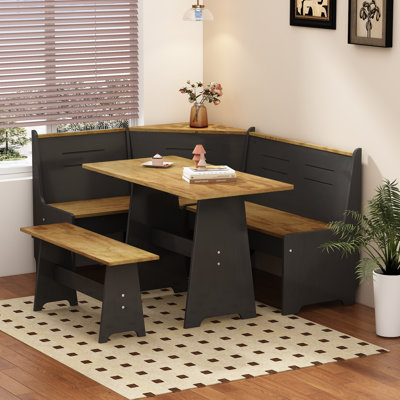 Ensemble de table de salle à manger d'angle peu encombrante avec station de charge USB, tablettes de rangement ouvertes et banc confortable en forme de L pour 3 à 4 personnes