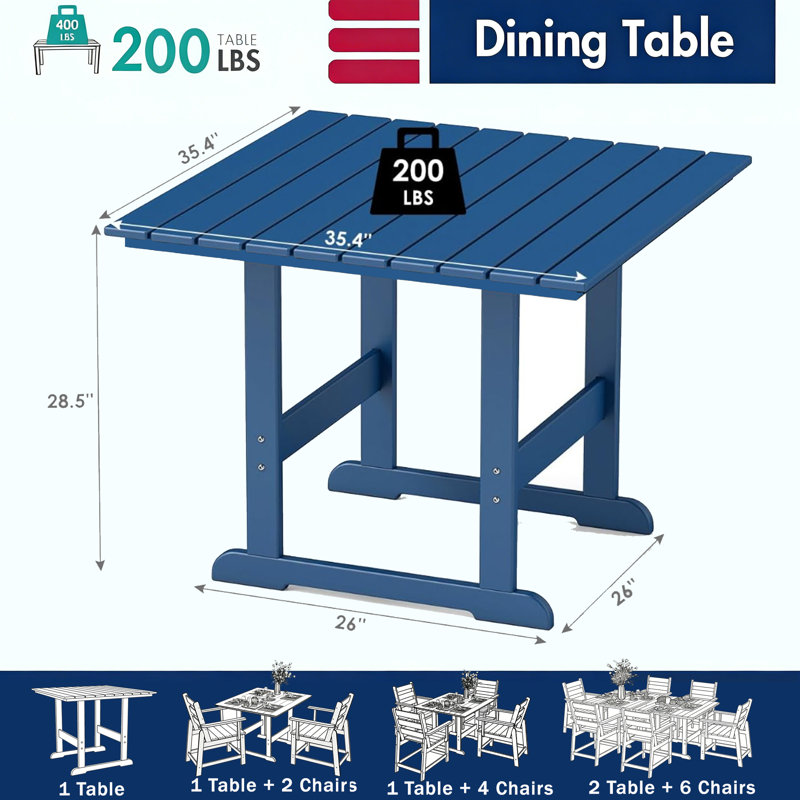 HDPE Outdoor Square Patio Dining Table All Weather, Blue