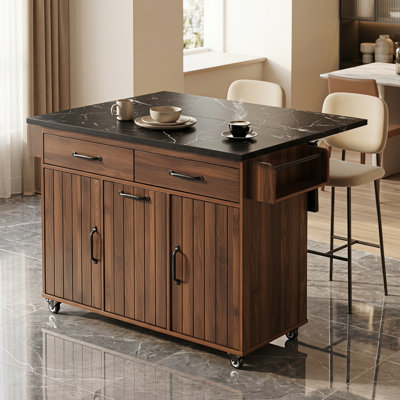 Îlot de cuisine à roulettes marron de 130 cm avec abattant et armoire à poubelle