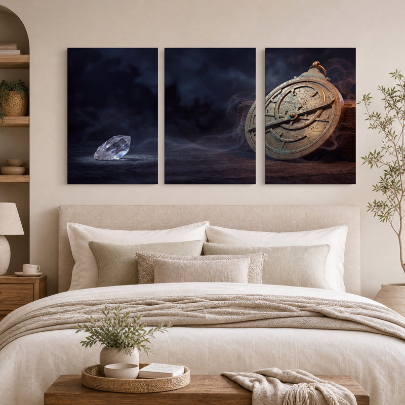 Ensemble de 3 tableaux sur toile représentant un astrolabe en bronze et un cristal clair sur fond de bois foncé