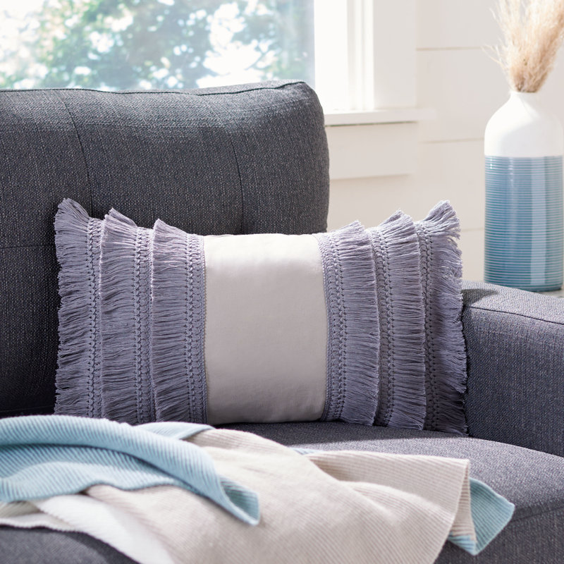 Grema Fringed Cotton Reversible Throw Pillow, Light Blue