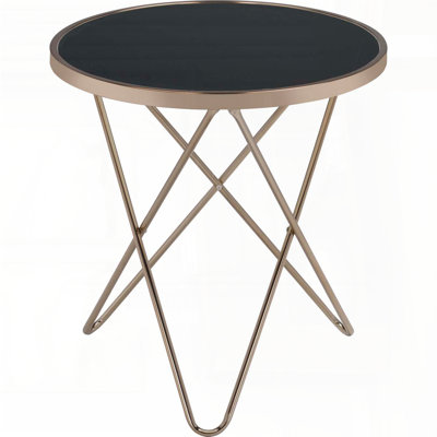 Table de bout moderne de style Mid-Century - Structure au fini champagne, plateau rond en verre noir