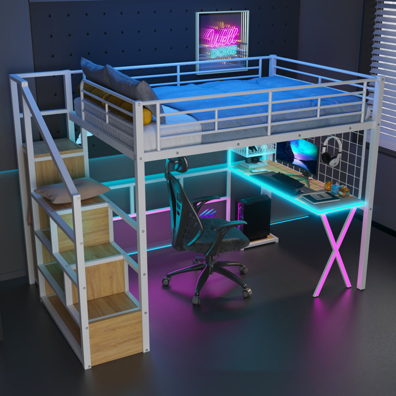 Lit mezzanine double en métal avec poste de travail intégré, garde-robe, escalier de rangement et DEL, blanc