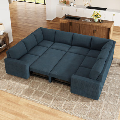 Rundey U-shaped Sleeper Sectional Corduroy Sofa Bed With Storage Space