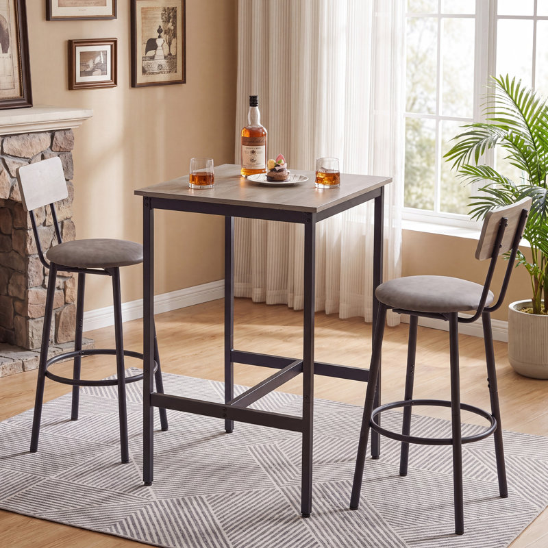 Ensemble de 3 tables de bar carrées à hauteur de comptoir avec 2 tabourets en polyuréthane pour la maison, Gris