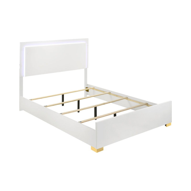 Ensemble de chambre avec grand lit 5 pièces Dex et tête de lit à DEL moderne, miroir, blanc, Grand lit, Blanc