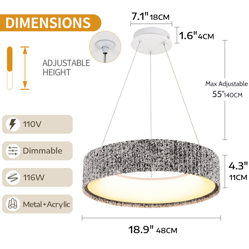 Suspension annulaire DEL à intensité variable de 18,9 pouces avec texture mouchetée noire et blanche ; température de couleur réglable ; fabriquée en métal et en acrylique ; convient aux salles à manger, aux salons et aux chambres.