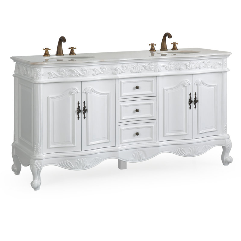 Benton Collection 64 Inch Traditional Freestanding Antique White Beckham Bathroom Vanity with Mirrors, Double Sink, White Marble Top, Fully Assembled