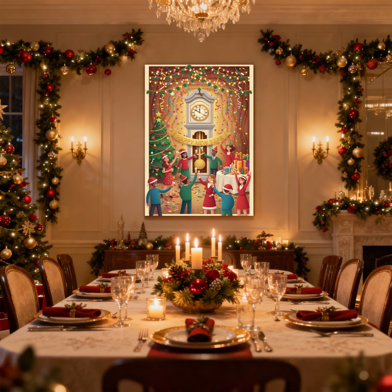 Fête de Noël avec horloge et arbre, ensemble de 3 impressions sur toile, H 18 po x l 12 po