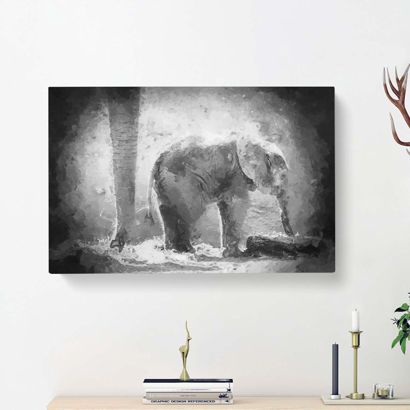 Mother & Baby Elephant Together In Abstract - Wrapped Canvas, 35cm H x 50cm W x 3cm D