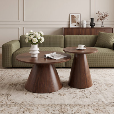Ensemble de 2 tables basses gigognes rondes modernes (70 cm + 51 cm), dessus en bois brun et pied central en acier au carbone, pour salon.