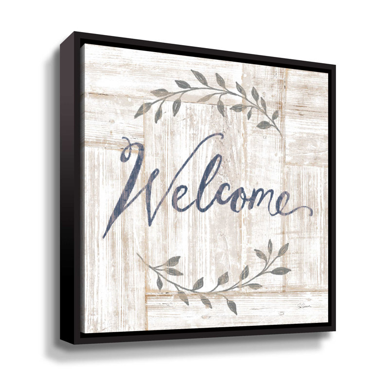 Woodgrain Welcome - impression sur toile, Cadre flottant noir, H 24 po x l 24 po x P 2 po
