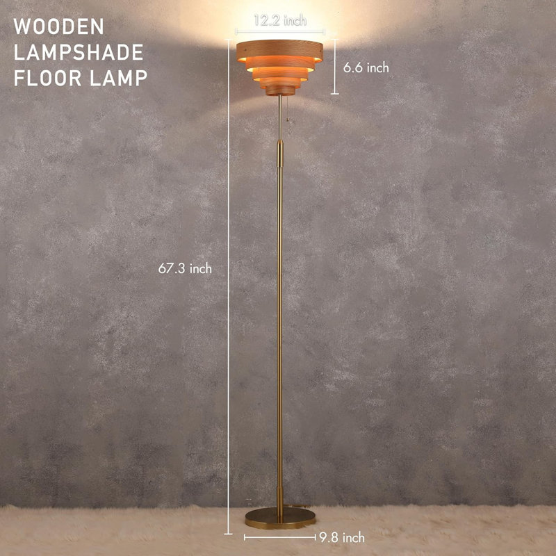 Modern Wooden Layered Lampshade, E26 Socket, Pull Chain Switch, Metal Base, Standing Lamp for Living Room, Bedroom (bulb not included)