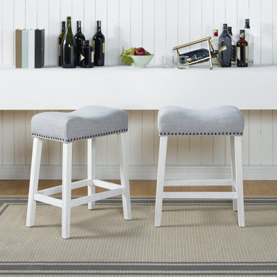 Of 2 Counter Height Stools - Saddle Seat, White-Washed, Gray Upholstery Stool (2) Fabric Saddle, White-Washed