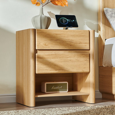 Table de chevet moderne de 25 po avec station de charge Bolanos, table de chevet en bois avec 2 tiroirs de rangement et tablette ouverte, conception d'angle arrondi pour la chambre à coucher