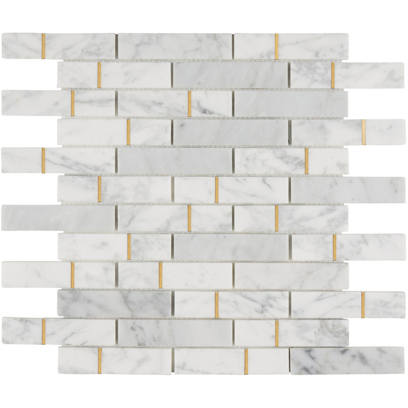 Gold Inlay White Carrara Interlocking Mosaic Tile Backsplash