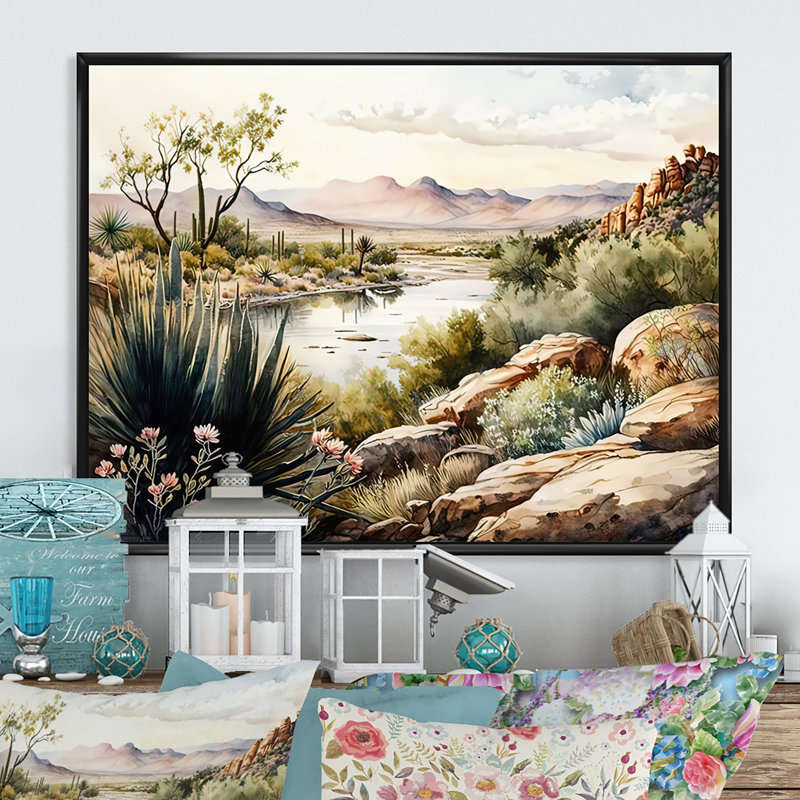 Arizona Desert Scenery IV - art mural occidental, Toile avec cadre flottant noir, 24" H x 32" W