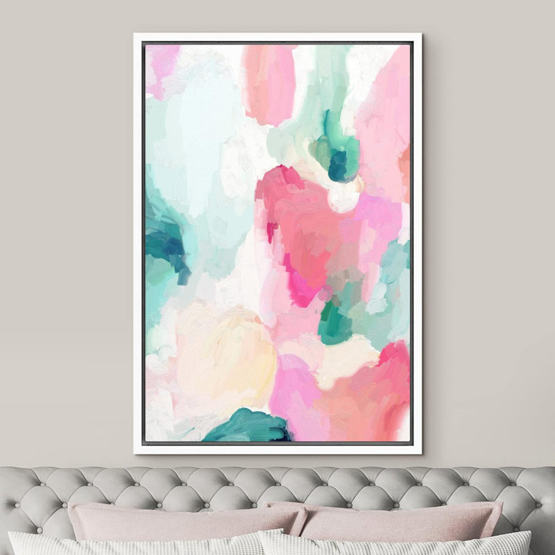 Peinture abstraite rose pastel, vert et jaune, Blanc, H 24 po x l 16 po x P 1,5 po