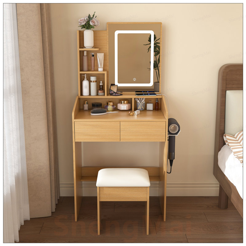 Compact Vanity Table with LED-Illuminated Mirror, Power Outlet, Hairdryer Holder, and Stool for Small Bedrooms, Natural