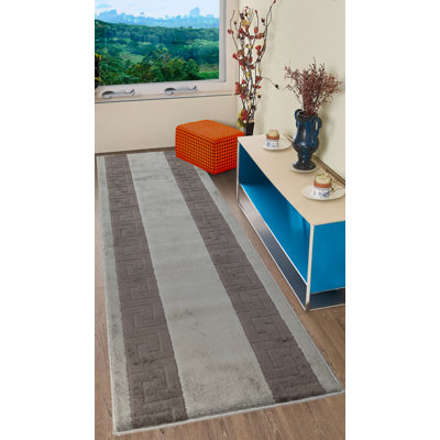 Custom Size Anti-Slip Latex Back Machine Washable Medium Profile Cut Pile Soft Meander Greek Key Grey Bordered Runner Rugs