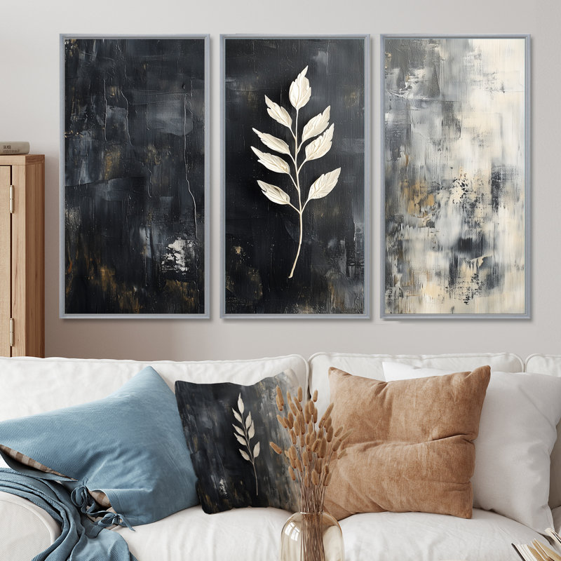 «Black and White Herbs Elegance I», ensemble de reproductions d'art mural, H 40 po x l 60 po, Cadre argenté