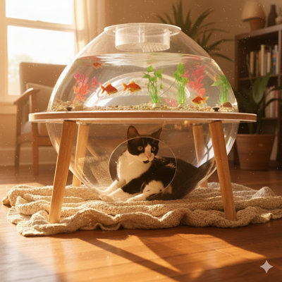 Aquarium interactif pour chat pour chat immersif à 360 ° avec tunnel interne, base en contreplaqué robuste en acrylique épais de 4 mm, mobilier d'enrichissement pour chat d'intérieur
