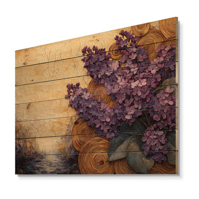 Lilas en fleurs dans un motif de glissière en bois II - lilas, art mural en bois - sur bois de pin naturel