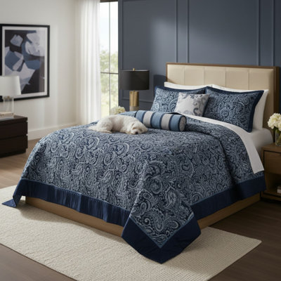 5 Piece Jacquard Bedspread Set with Throw Pillows Navy King