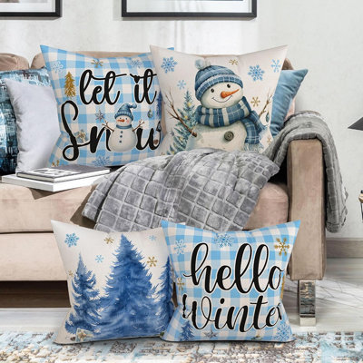 Housses de coussins d'hiver 18 x 18 pouces, taie d'oreiller bleue Hello Winter, housses de coussins carrés décoratifs bonhomme de neige pour canapé-lit, ensemble de 4
