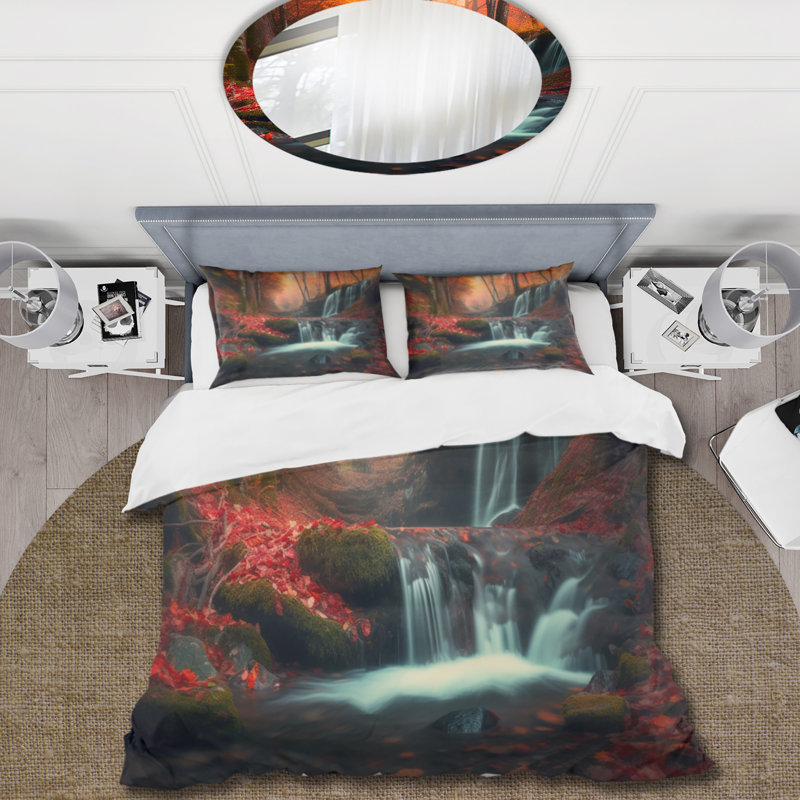 Waterfall In Fall Forest I - Ensemble de housse de couette Mountains - Microfibre de polyester