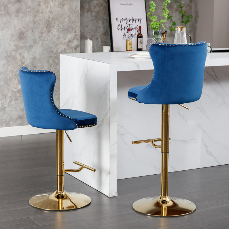 Tabouret pivotant à hauteur réglable Julias, Bleu marine/doré