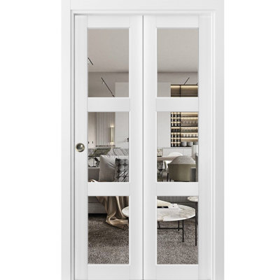 Sliding Closet Bi-fold Doors 30 x 80 Lucia 2555 White Silk with Clear Glass Sturdy Tracks Moldings Trims Hardware Set Wood Solid Bedroom Wardrobe Doors