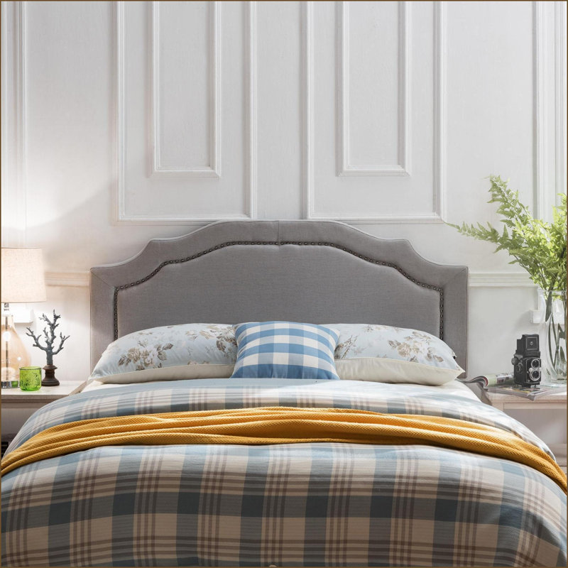 Queen Size Upholstered Headboard with Solid Wood Core &amp; Metal Legs, Adjustable Height &amp; Nailhead Trim for Bedroom
