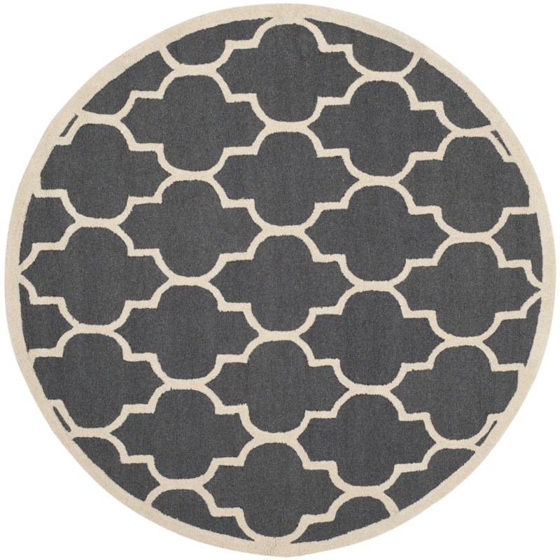 Cannen Geometric Hand-Tufted Wool Dark Grey/Ivory Area Rug, Round 10'