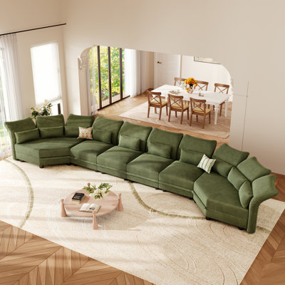 Grands canapés modulaires rembourrés en U rembourrés avec rangement, canapé en velours côtelé 7 places avec dossier à accoudoirs réglables, coussins de soutien moelleux, vert