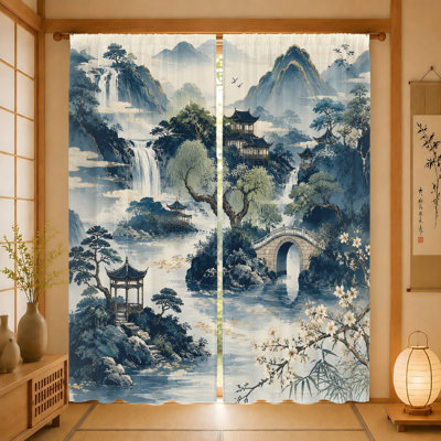 2 pièces rideaux de paysage oriental, filtrage de la lumière, impression de paysage traditionnel chinois, conception de pagode et de cascade, passe-tringle pour le salon, la chambre à coucher, le balcon, la cuisine, la décoration intérieure