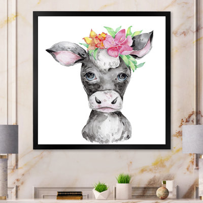 Cute Cartoon Cow Floral Portrait " Cute Cartoon Cow Floral Portrait " Painting Print