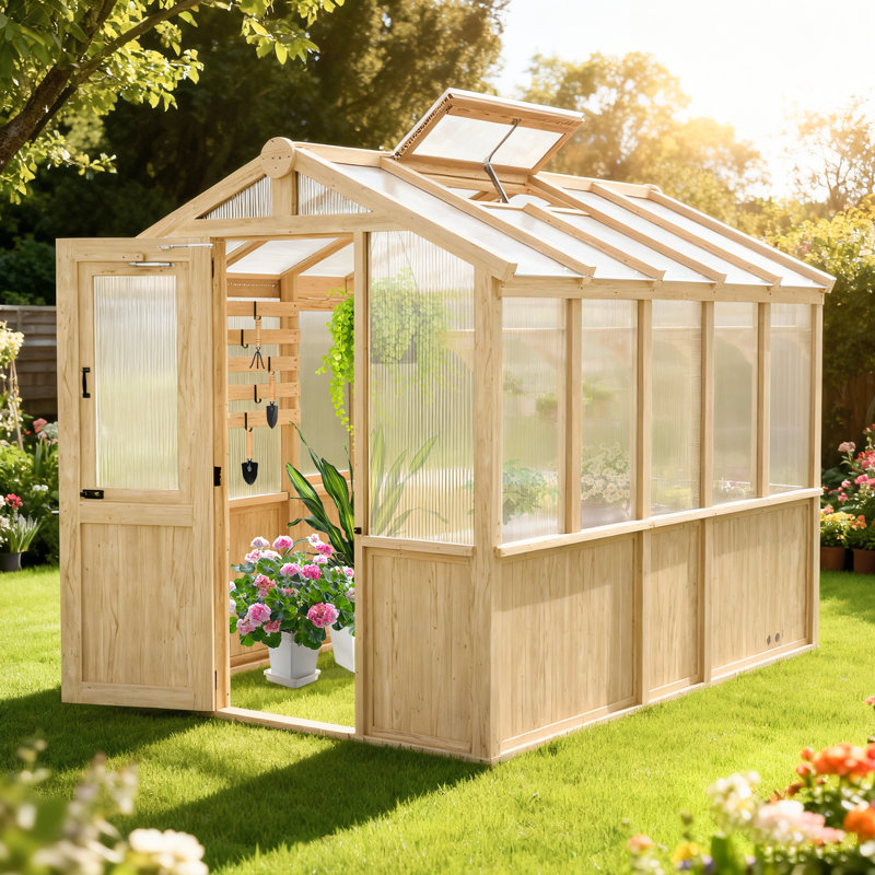 6.7x9.6 ft. Wooden Greenhouse with Cedar Frame, Outdoor Wood Polycarbonate Walk-in Greenhouses with Roof Vent