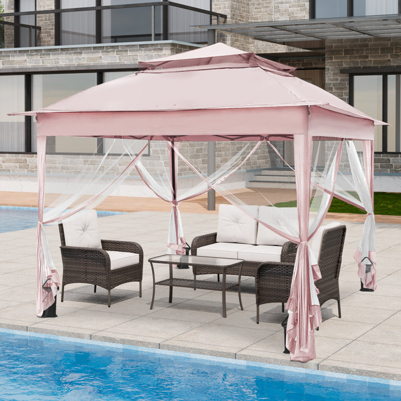 11 pi. L 11 pi. D Pavillon de jardin d'extérieur en acier à toit souple avec filet, Rose