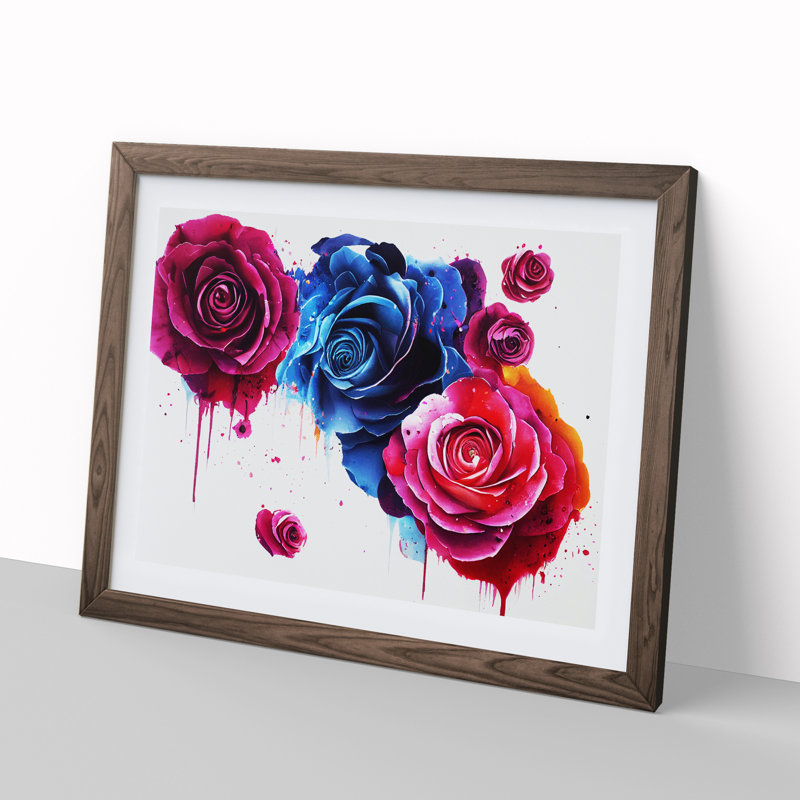 Cheerful Rose Flowers - Single Picture Frame Painting, 34cm H x 46cm W x 2cm D, Walnut
