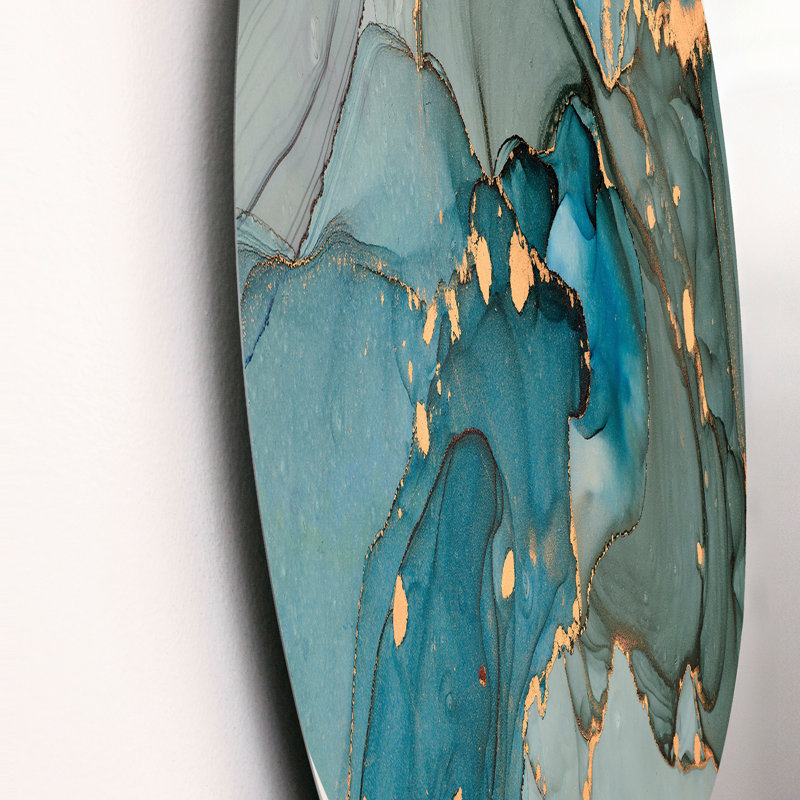Art mural rond moderne en métal turquoise et marbre infusé d'or, H 11 po x l 11 po x P 1 po