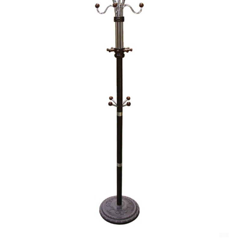 Stylish 73-Inch Tall Chrome And Wood Coat Rack With Espresso Finish, Perfect For Organized Entryways And Living Spaces.