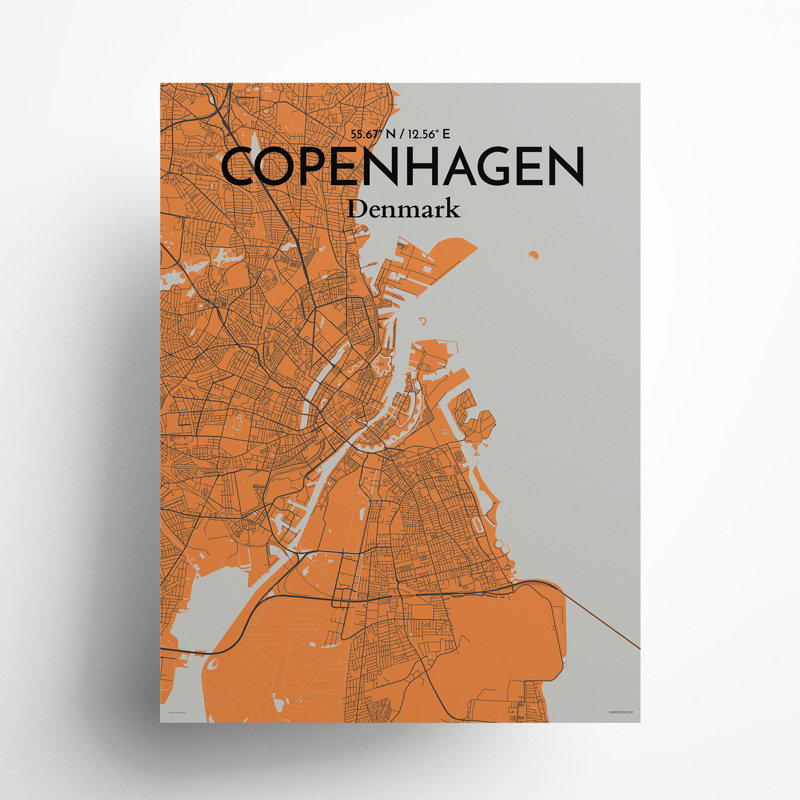 Copenhagen City Map In Orange - No Frame Print, 24cm H x 18cm W x 0.05cm D