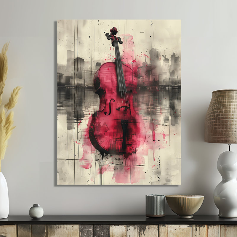 Rose, gris, violoncelle, instrument de musique - reproduction d'art mural, Sans cadre, métal, H 30 po x l 40 po