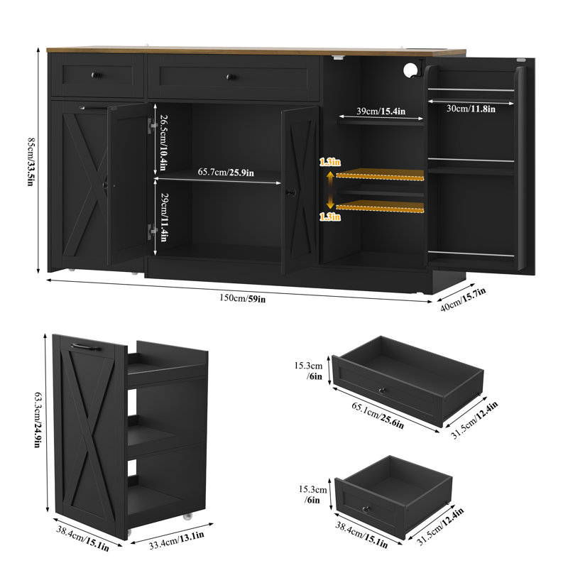 Buffet 59 po avec station de charge et 2 tiroirs, Brun / Noir