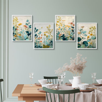 «Pastel Wildflower Garden», ensemble de 4 reproductions d'art murales encadrées - scène florale de couleur douce pour le salon et la chambre à coucher