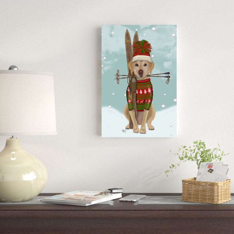 «Yellow Labrador, Skiing» par Fab Funky - impression sur toile tendue, H 18 po x l 12 po