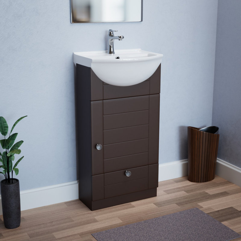 Eustice Small White Ceramic Bathroom Vanity Cabinet Sink with Faucet and Drain, Dark Oak