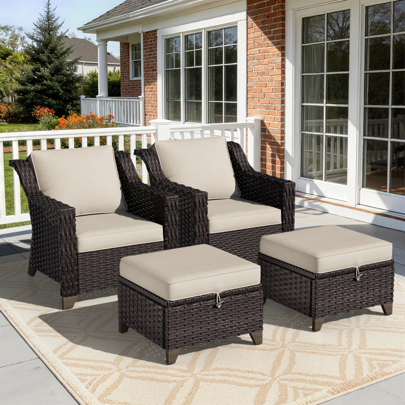 Meriwether Patio Chair with Cushions and Ottomans, Beige
